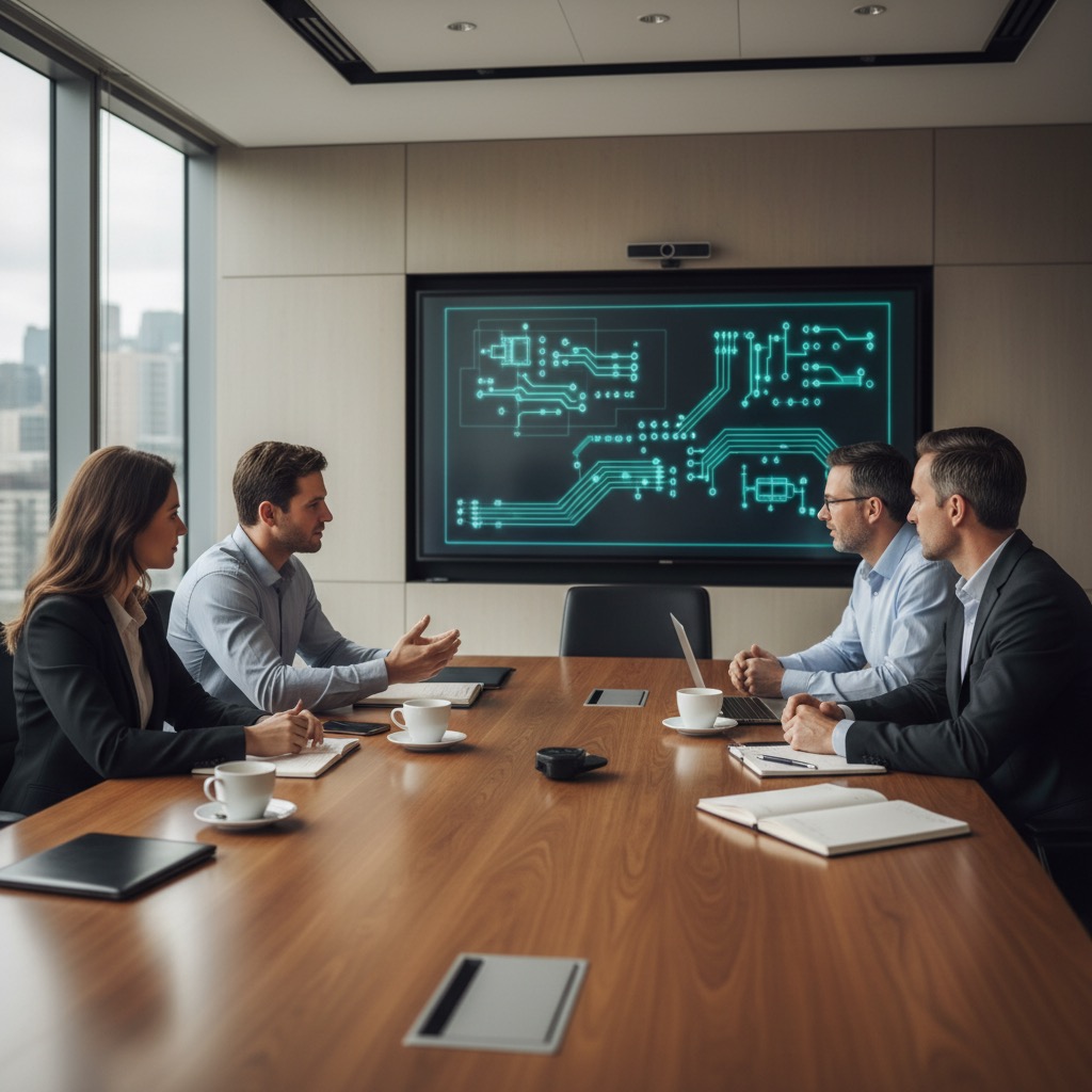 Vier Personen sitzen an einem langen Holztisch in einem modernen Besprechungsraum und blicken auf einen großen Bildschirm mit einer technischen Grafik an der Wand.
